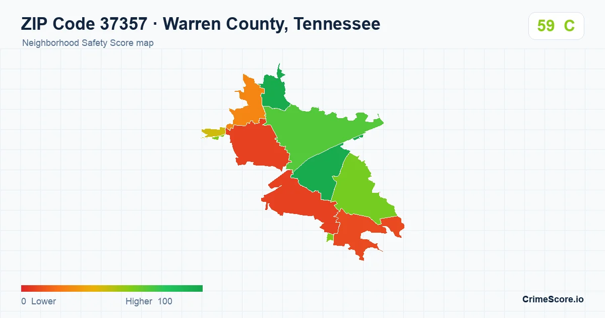 ZIP Code 37357 in Warren County, Tennessee neighborhood Safety Score map