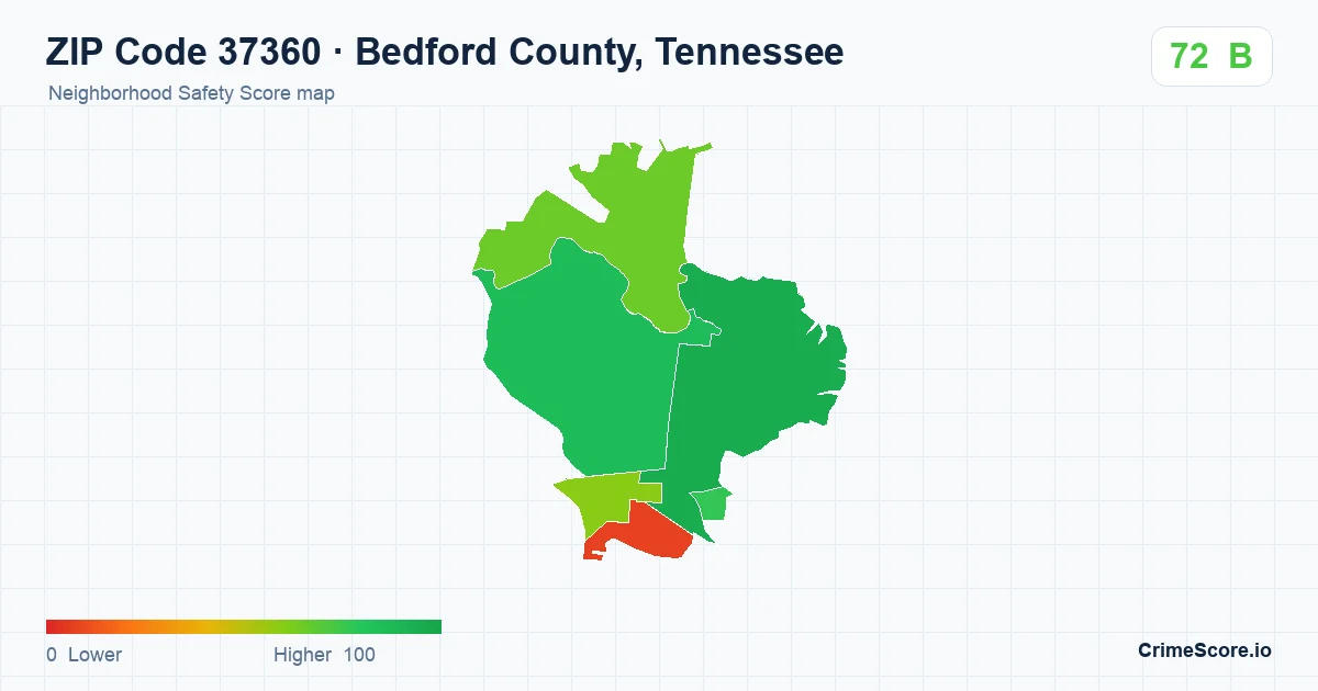 ZIP Code 37360 in Bedford County, Tennessee neighborhood Safety Score map