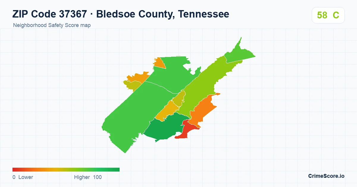 ZIP Code 37367 in Bledsoe County, Tennessee neighborhood Safety Score map