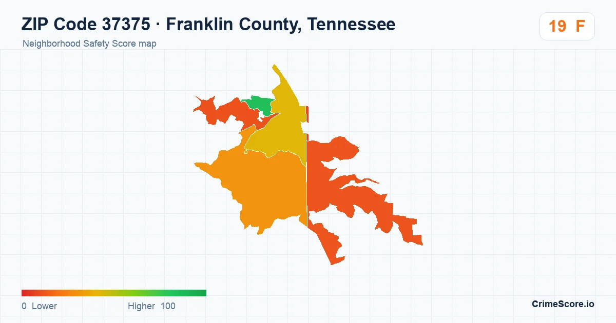 ZIP Code 37375 in Franklin County, Tennessee neighborhood Safety Score map