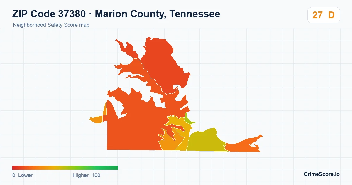 ZIP Code 37380 in Marion County, Tennessee neighborhood Safety Score map