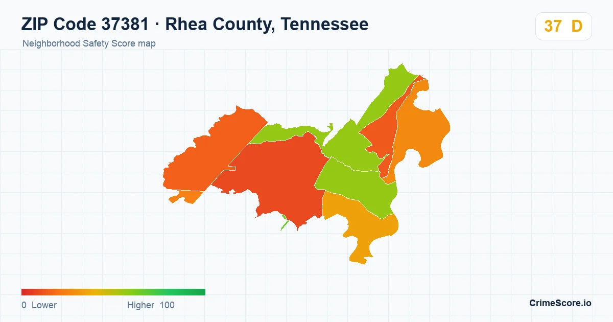 ZIP Code 37381 in Rhea County, Tennessee neighborhood Safety Score map
