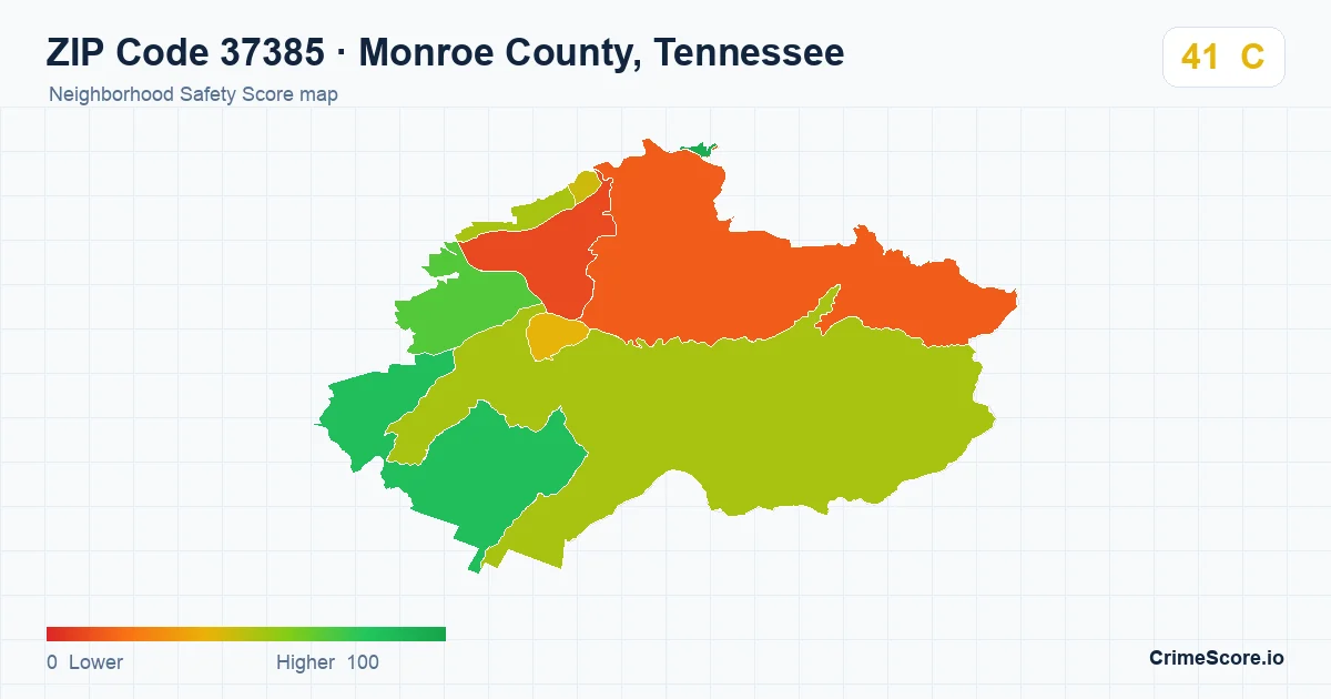 ZIP Code 37385 in Monroe County, Tennessee neighborhood Safety Score map
