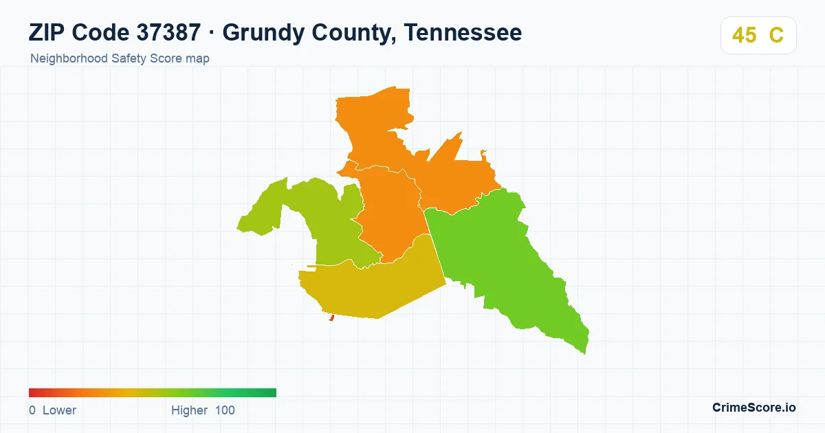 ZIP Code 37387 in Grundy County, Tennessee neighborhood Safety Score map