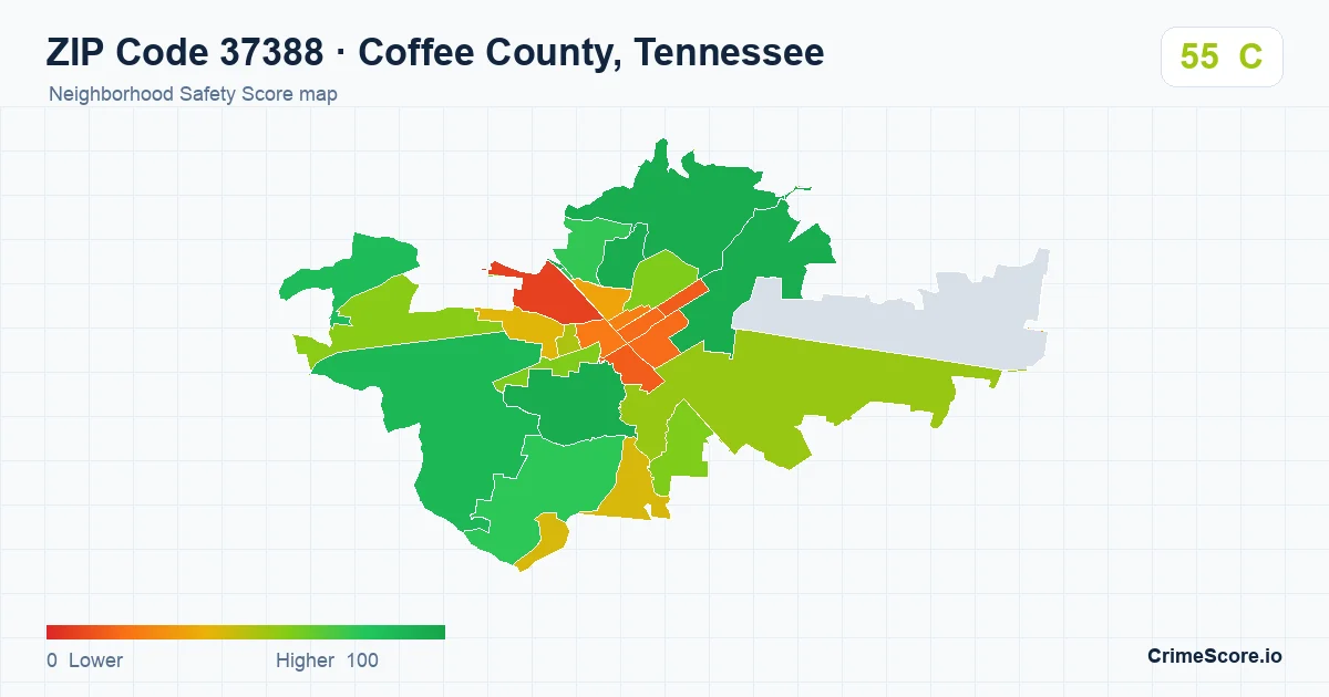 ZIP Code 37388 in Coffee County, Tennessee neighborhood Safety Score map