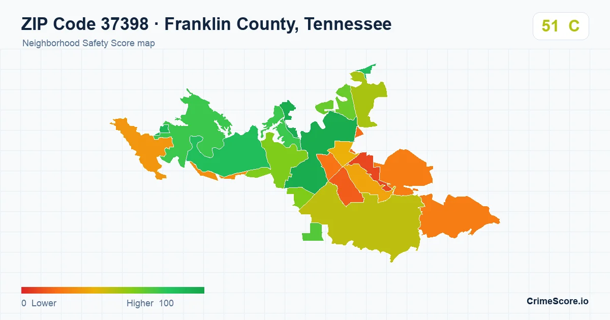 ZIP Code 37398 in Franklin County, Tennessee neighborhood Safety Score map
