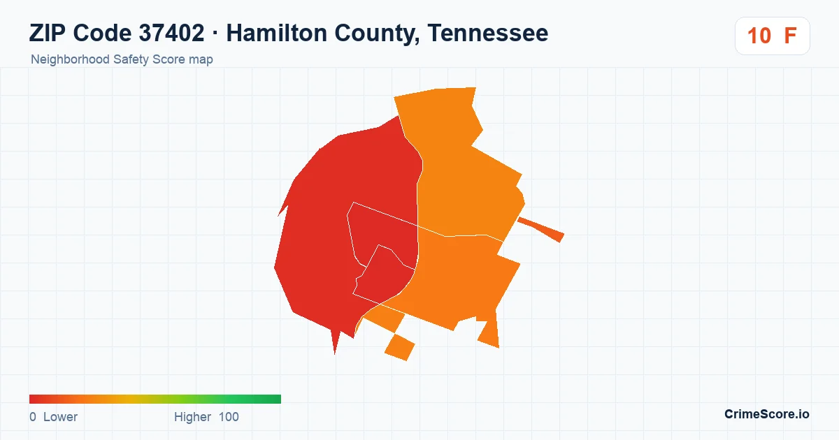 ZIP Code 37402 in Hamilton County, Tennessee neighborhood Safety Score map
