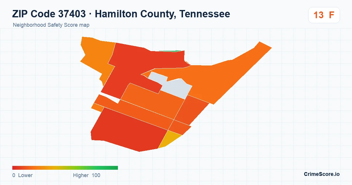 ZIP Code 37403 in Hamilton County, Tennessee neighborhood Safety Score map