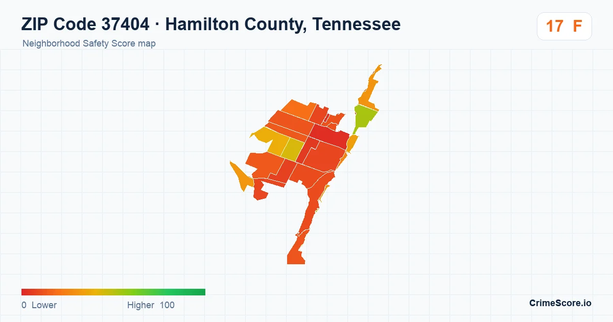ZIP Code 37404 in Hamilton County, Tennessee neighborhood Safety Score map