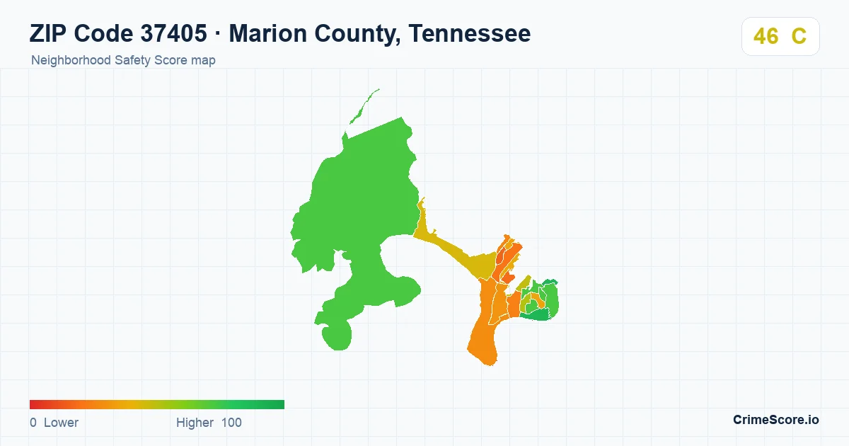 ZIP Code 37405 in Marion County, Tennessee neighborhood Safety Score map