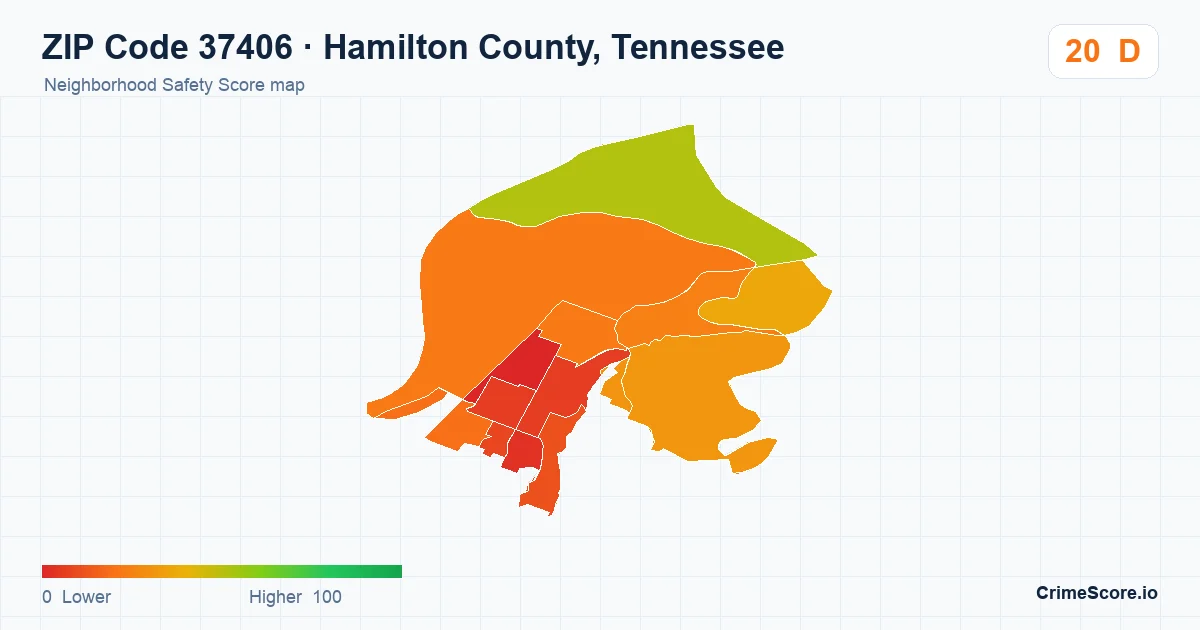 ZIP Code 37406 in Hamilton County, Tennessee neighborhood Safety Score map