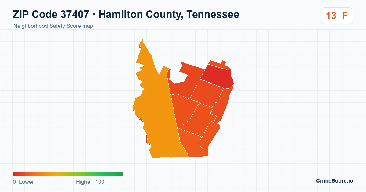 ZIP Code 37407 in Hamilton County, Tennessee neighborhood Safety Score map