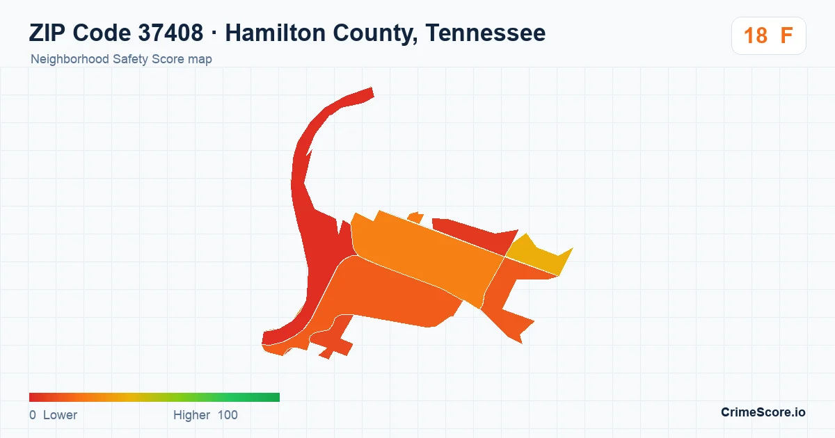 ZIP Code 37408 in Hamilton County, Tennessee neighborhood Safety Score map