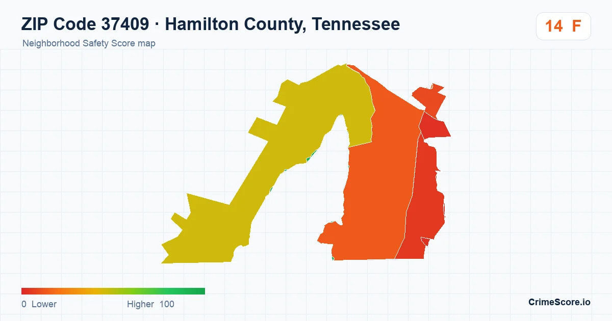 ZIP Code 37409 in Hamilton County, Tennessee neighborhood Safety Score map