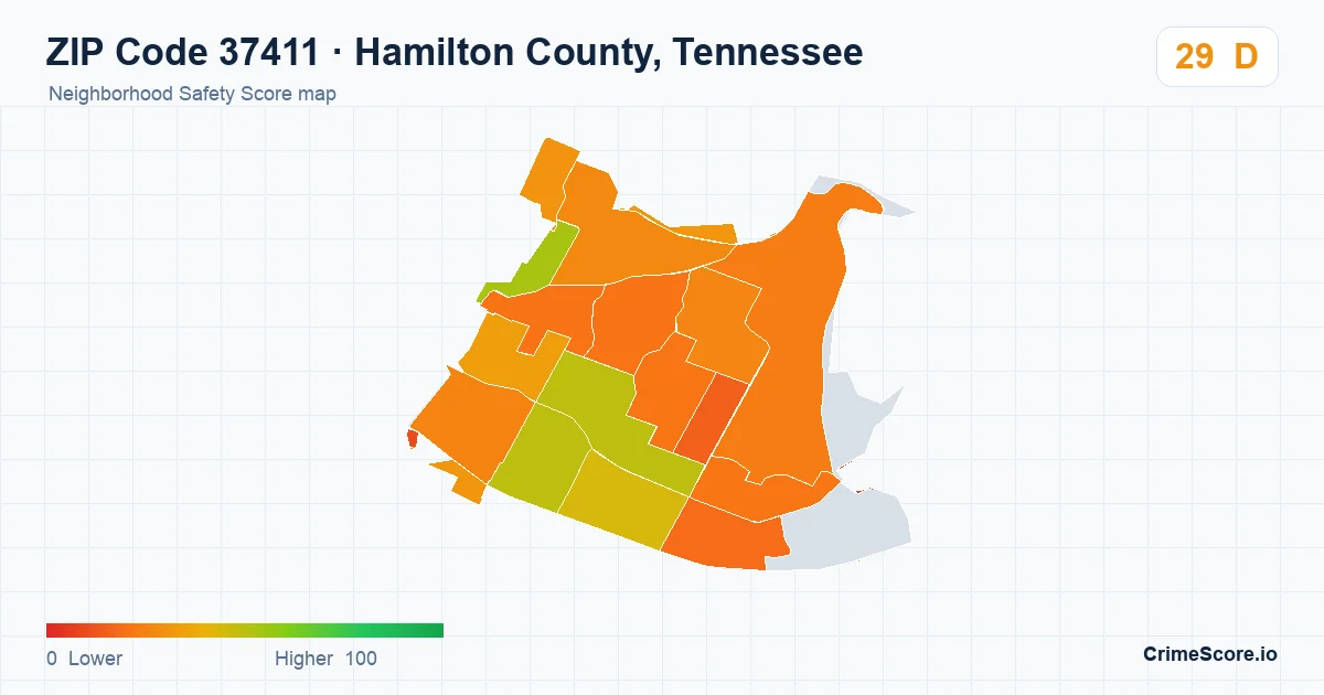 ZIP Code 37411 in Hamilton County, Tennessee neighborhood Safety Score map