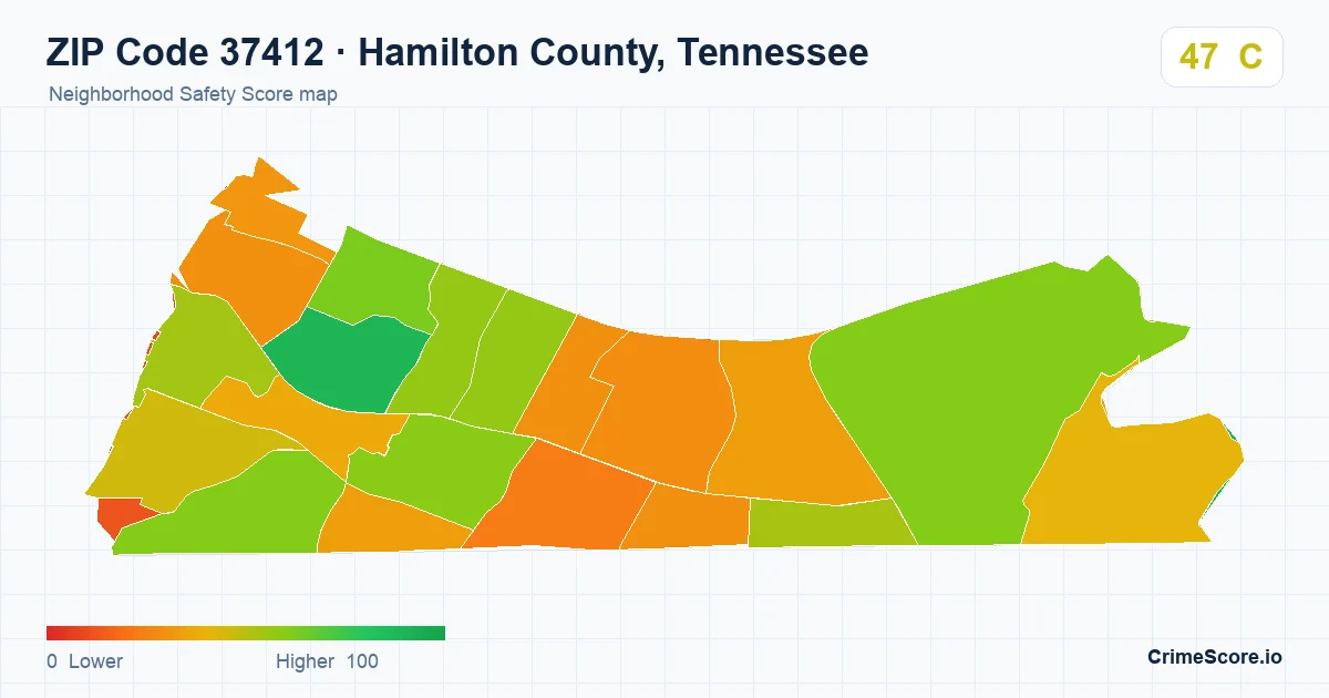 ZIP Code 37412 in Hamilton County, Tennessee neighborhood Safety Score map