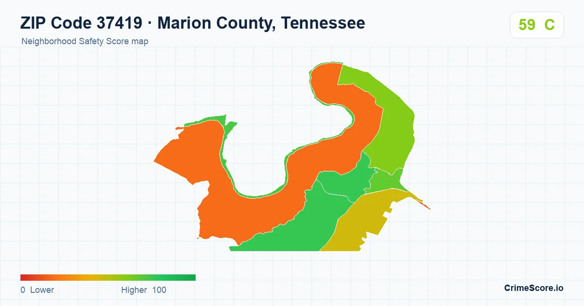 ZIP Code 37419 in Marion County, Tennessee neighborhood Safety Score map