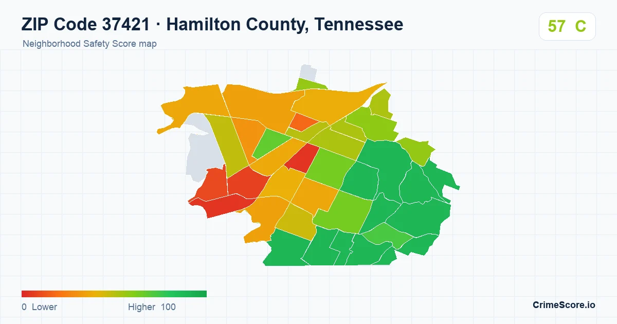 ZIP Code 37421 in Hamilton County, Tennessee neighborhood Safety Score map