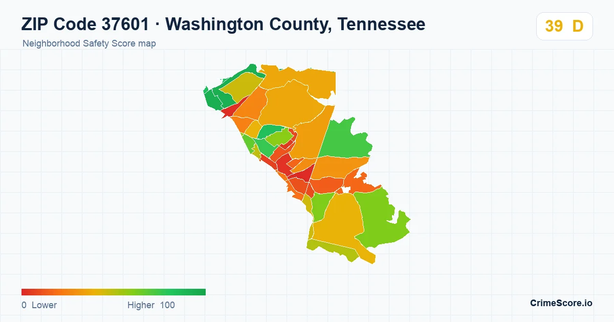 ZIP Code 37601 in Washington County, Tennessee neighborhood Safety Score map