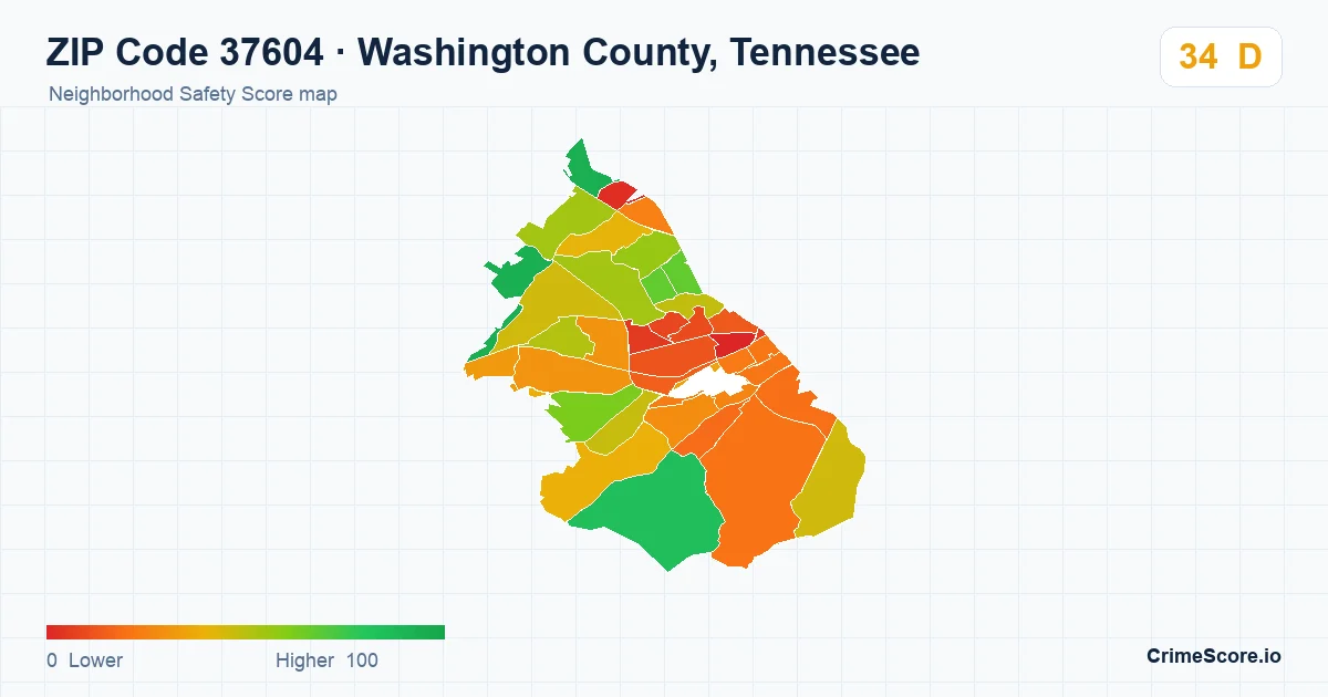 ZIP Code 37604 in Washington County, Tennessee neighborhood Safety Score map