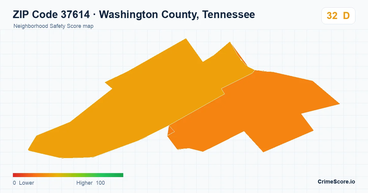 ZIP Code 37614 in Washington County, Tennessee neighborhood Safety Score map