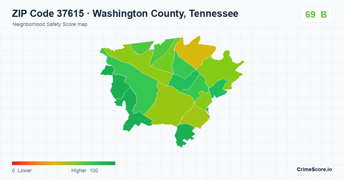 ZIP Code 37615 in Washington County, Tennessee neighborhood Safety Score map