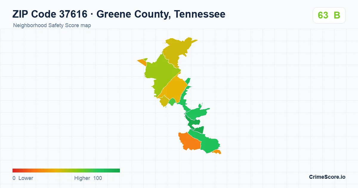 ZIP Code 37616 in Greene County, Tennessee neighborhood Safety Score map