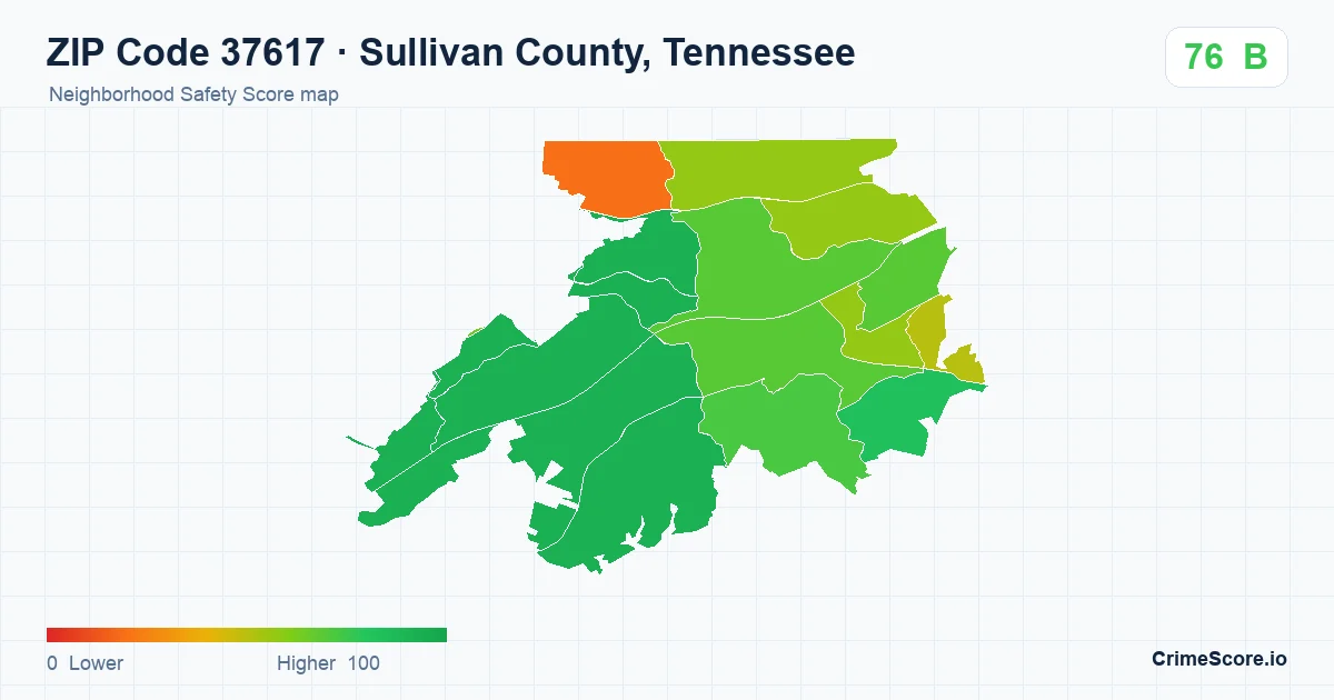 ZIP Code 37617 in Sullivan County, Tennessee neighborhood Safety Score map