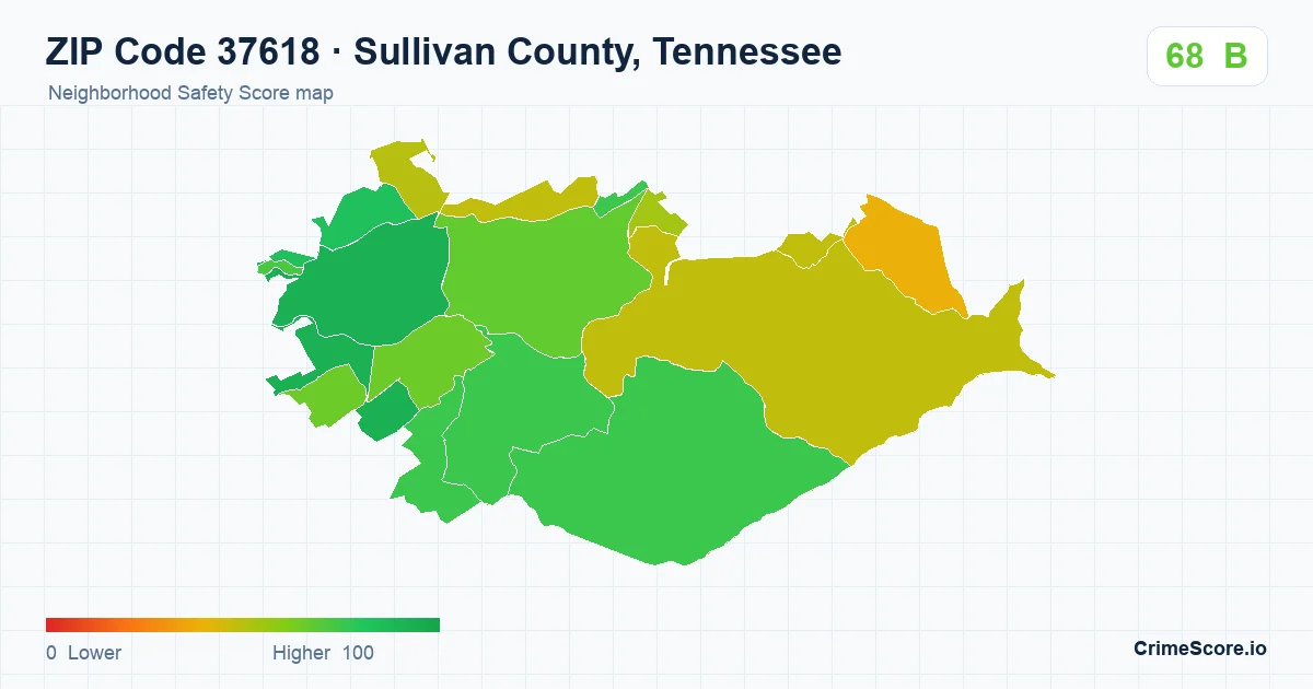 ZIP Code 37618 in Sullivan County, Tennessee neighborhood Safety Score map