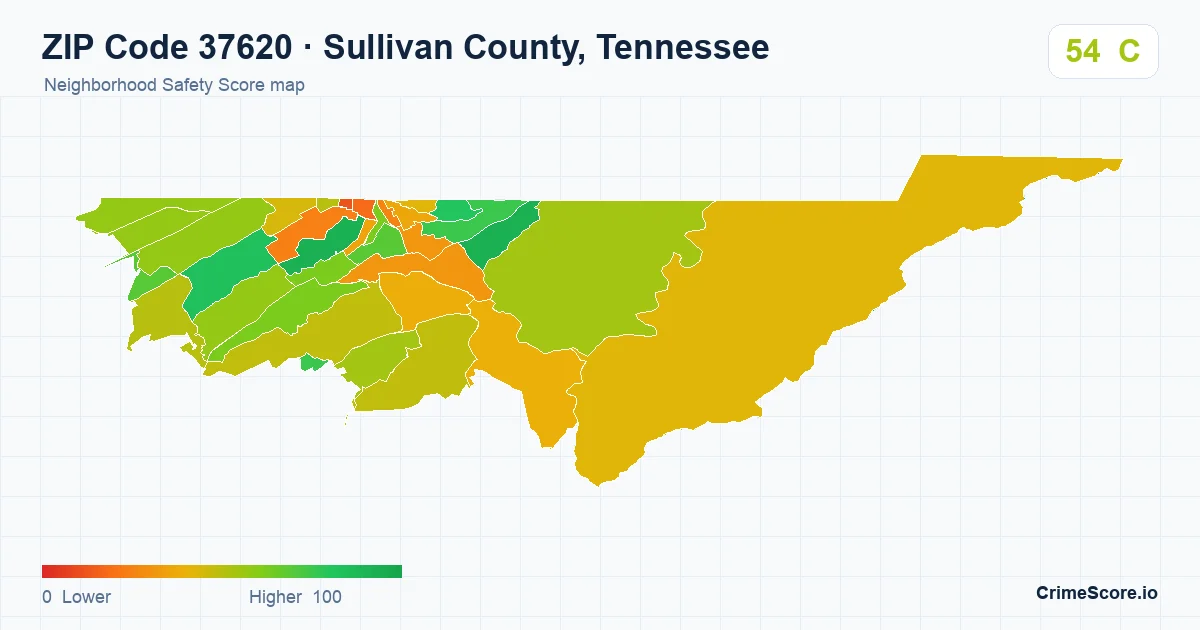 ZIP Code 37620 in Sullivan County, Tennessee neighborhood Safety Score map