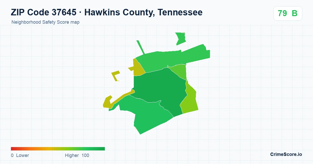 ZIP Code 37645 in Hawkins County, Tennessee neighborhood Safety Score map