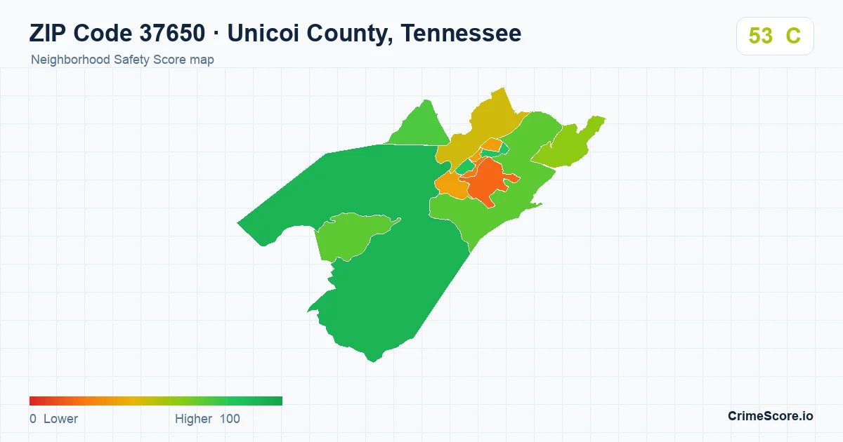ZIP Code 37650 in Unicoi County, Tennessee neighborhood Safety Score map