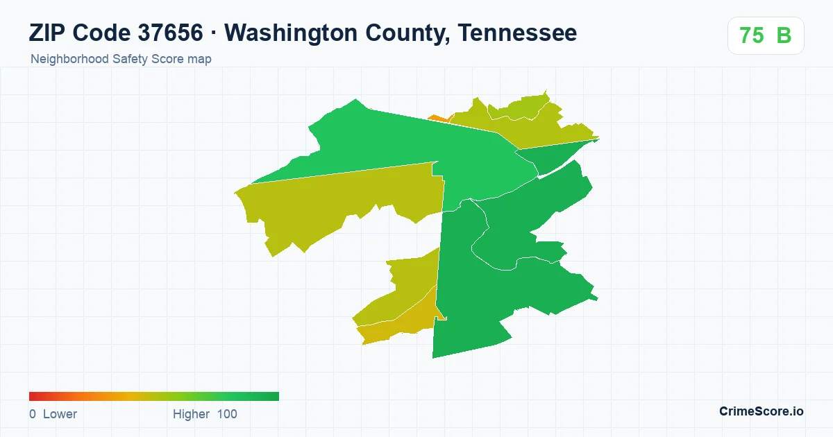 ZIP Code 37656 in Washington County, Tennessee neighborhood Safety Score map