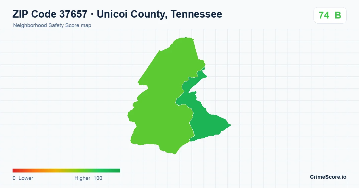 ZIP Code 37657 in Unicoi County, Tennessee neighborhood Safety Score map