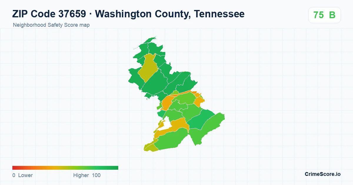ZIP Code 37659 in Washington County, Tennessee neighborhood Safety Score map
