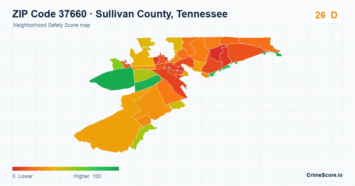 ZIP Code 37660 in Sullivan County, Tennessee neighborhood Safety Score map