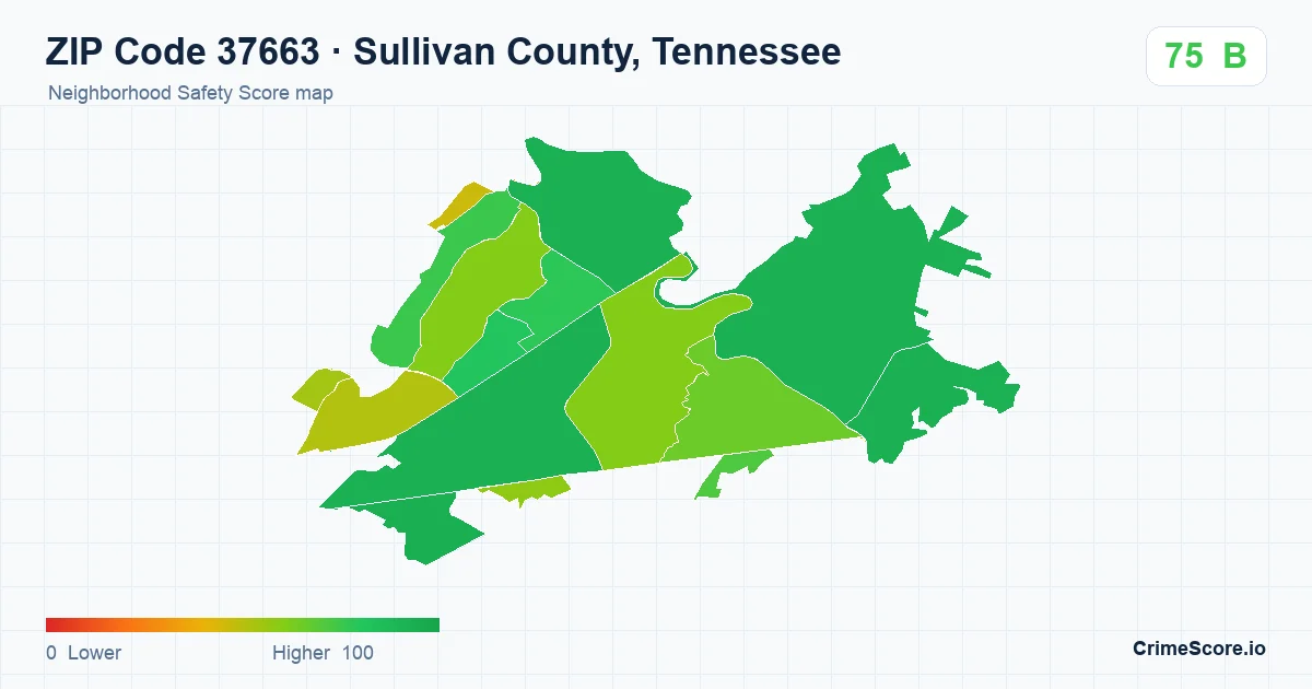 ZIP Code 37663 in Sullivan County, Tennessee neighborhood Safety Score map