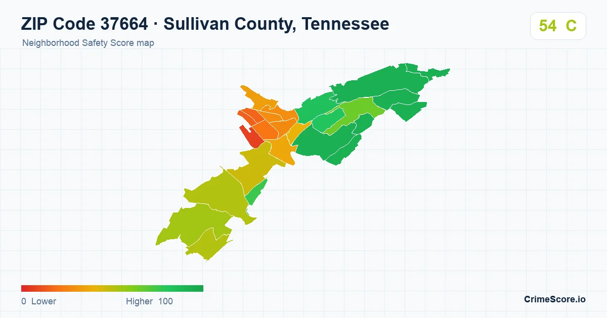 ZIP Code 37664 in Sullivan County, Tennessee neighborhood Safety Score map