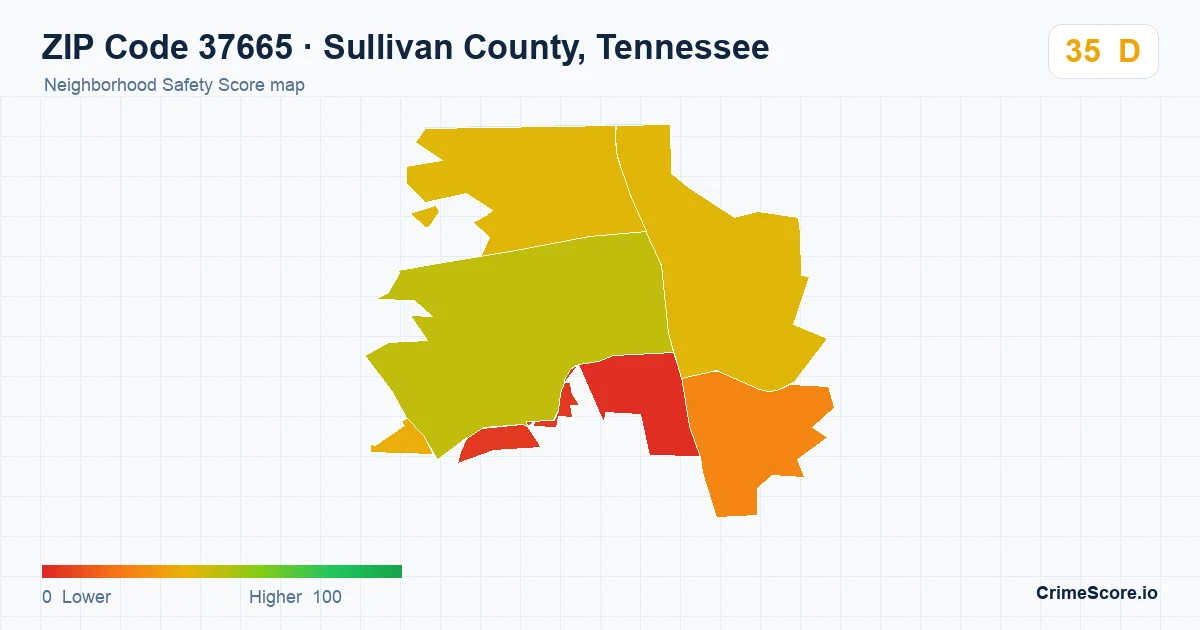 ZIP Code 37665 in Sullivan County, Tennessee neighborhood Safety Score map