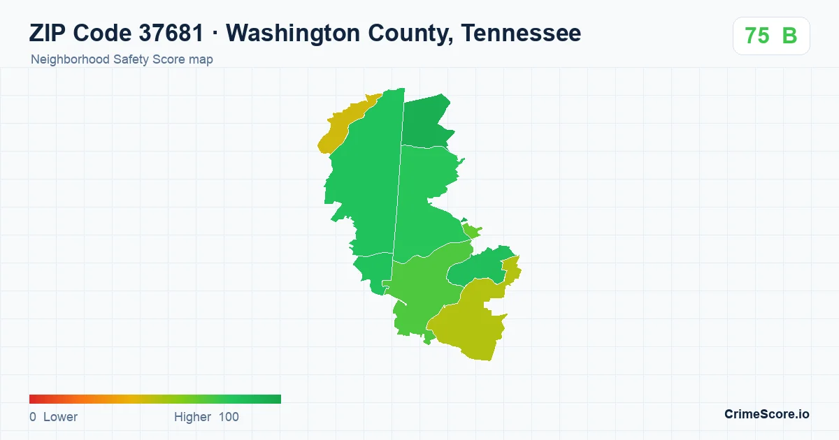 ZIP Code 37681 in Washington County, Tennessee neighborhood Safety Score map