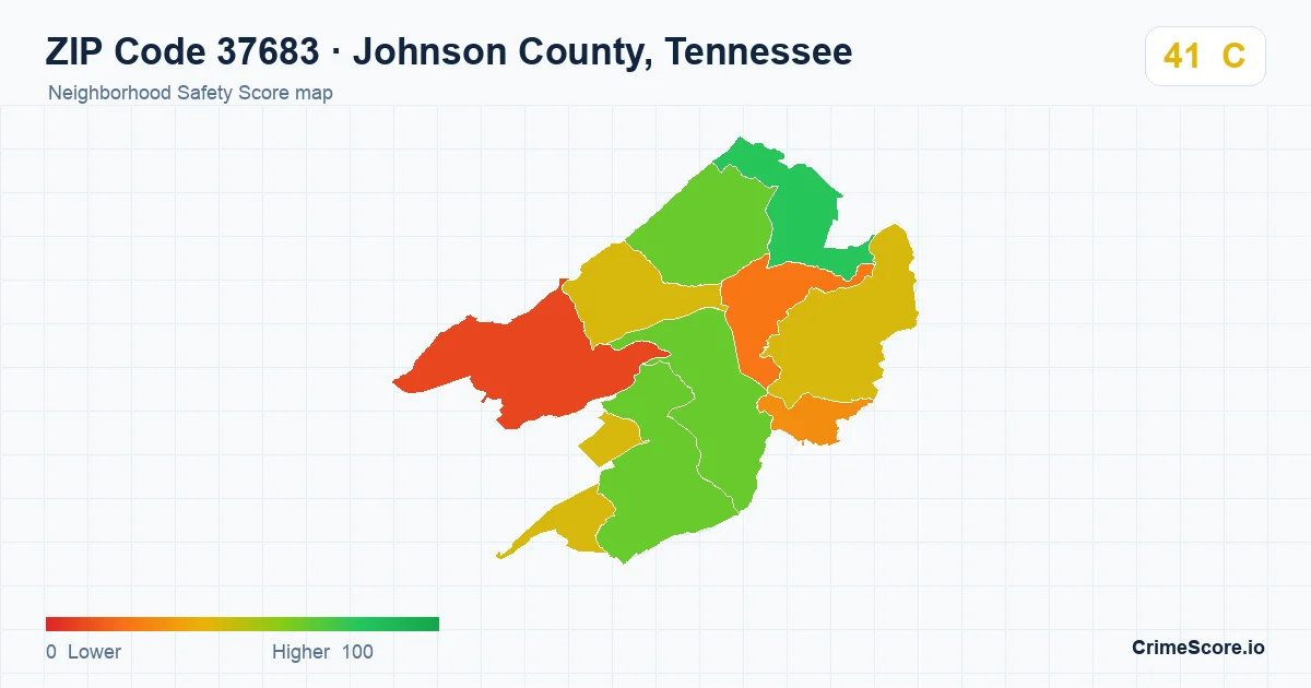 ZIP Code 37683 in Johnson County, Tennessee neighborhood Safety Score map
