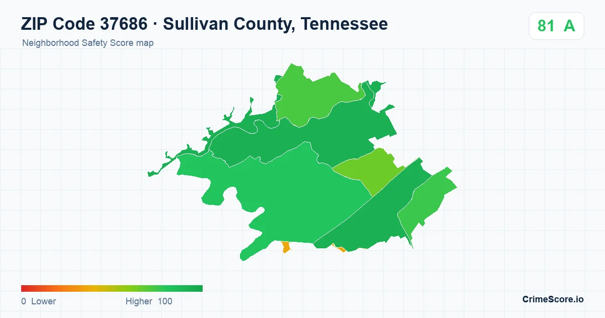 ZIP Code 37686 in Sullivan County, Tennessee neighborhood Safety Score map