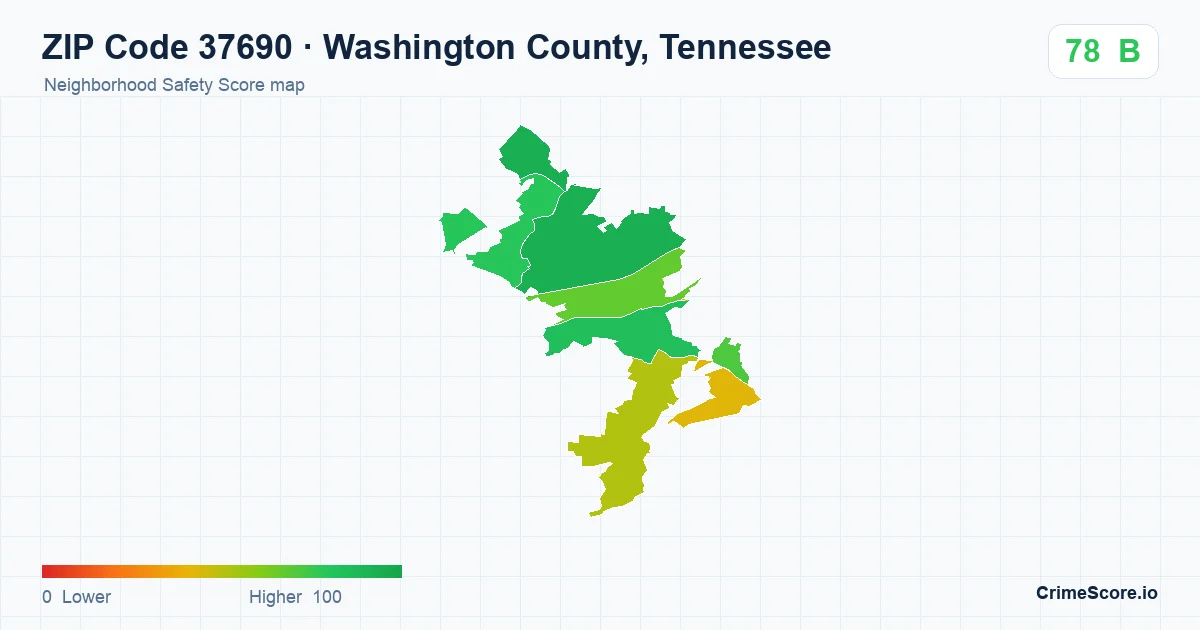 ZIP Code 37690 in Washington County, Tennessee neighborhood Safety Score map