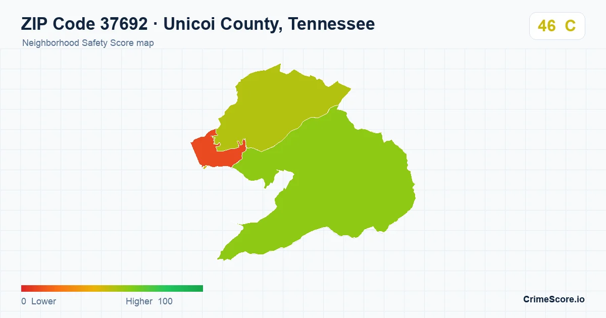 ZIP Code 37692 in Unicoi County, Tennessee neighborhood Safety Score map