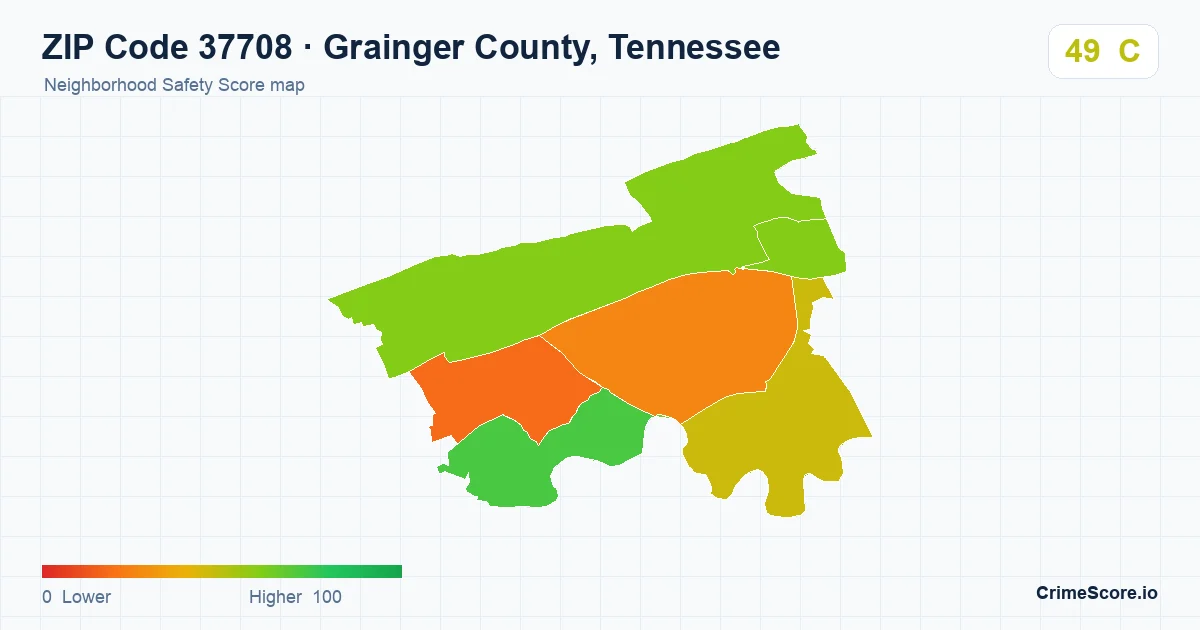 ZIP Code 37708 in Grainger County, Tennessee neighborhood Safety Score map