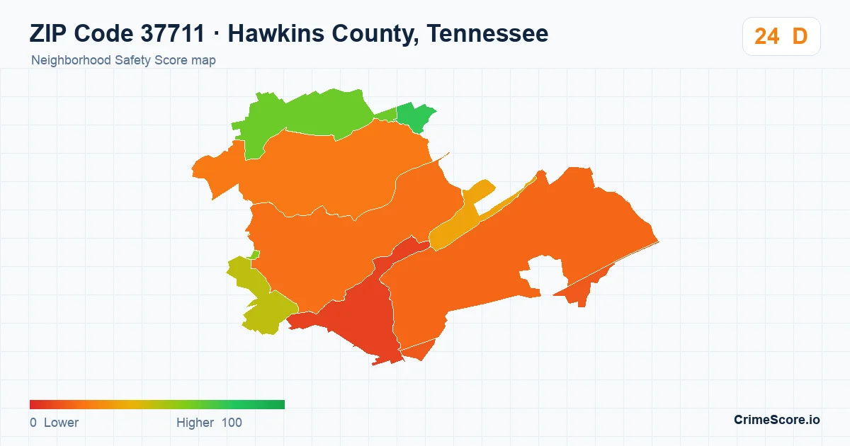 ZIP Code 37711 in Hawkins County, Tennessee neighborhood Safety Score map