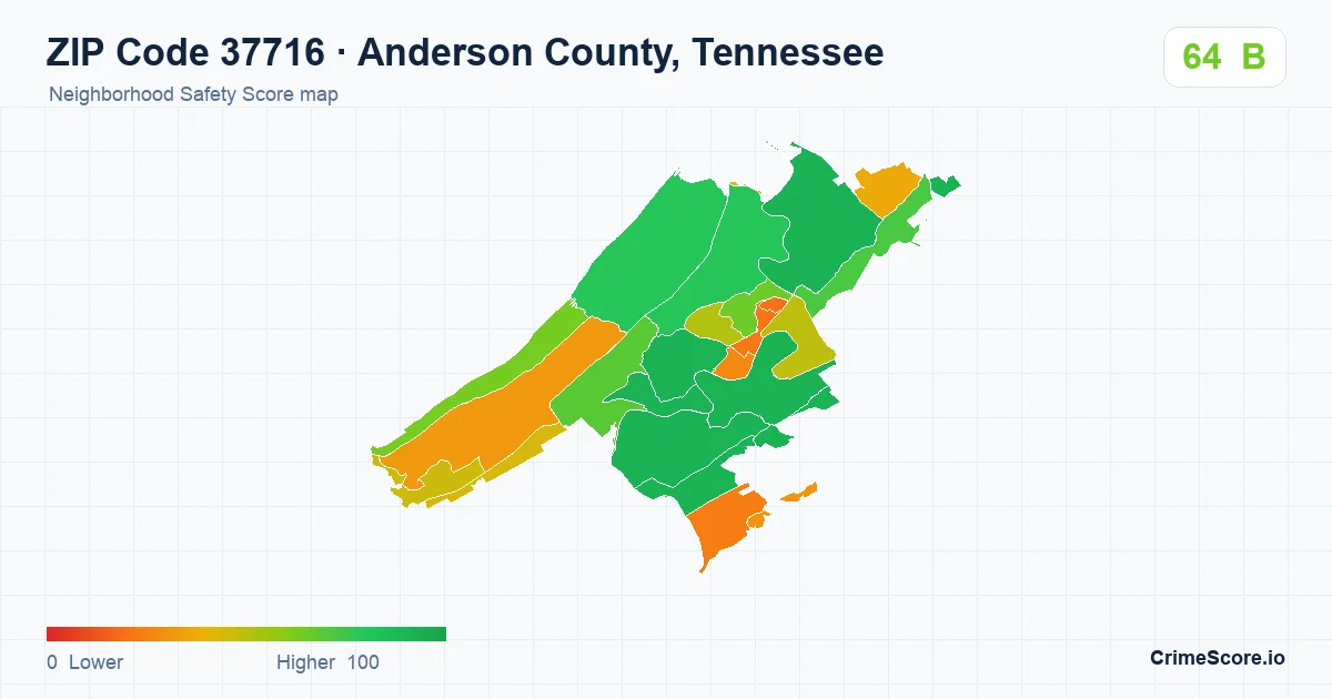 ZIP Code 37716 in Anderson County, Tennessee neighborhood Safety Score map