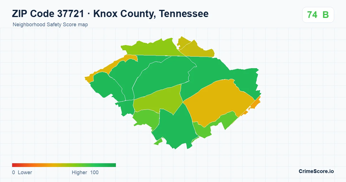ZIP Code 37721 in Knox County, Tennessee neighborhood Safety Score map