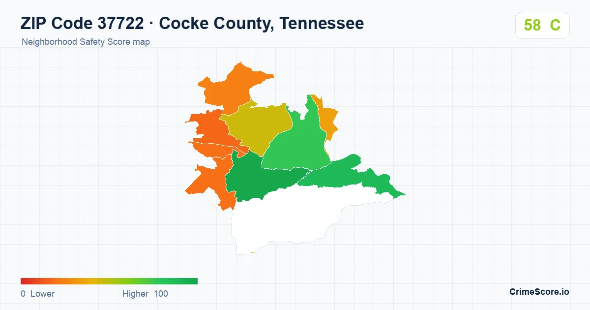 ZIP Code 37722 in Cocke County, Tennessee neighborhood Safety Score map