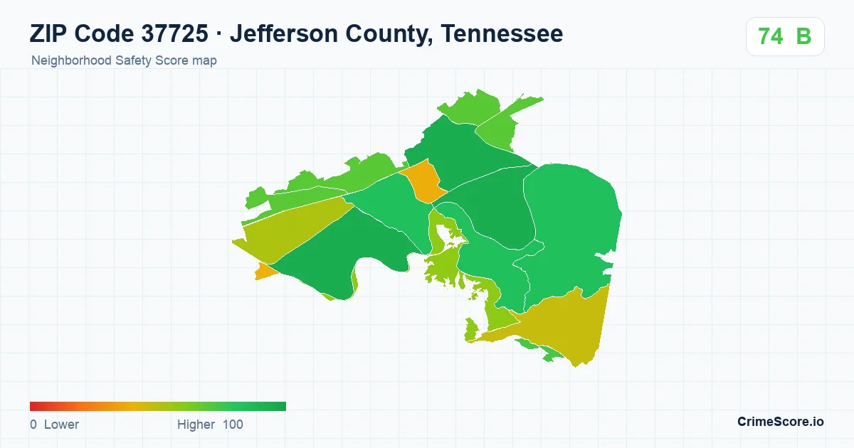 ZIP Code 37725 in Jefferson County, Tennessee neighborhood Safety Score map